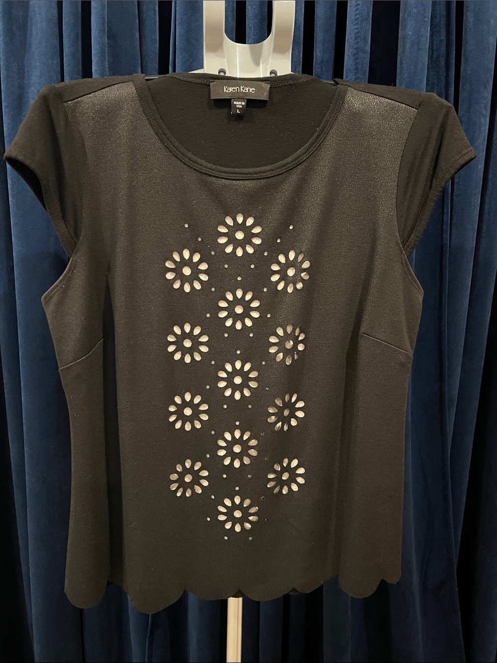 Karen Kane Black Short-Sleeve Top with Faux Leather Floral Cutout overlay